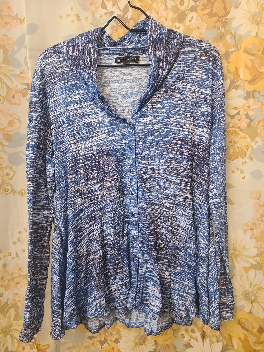 Blue Marled Button-Front Long Sleeve Top by Carine